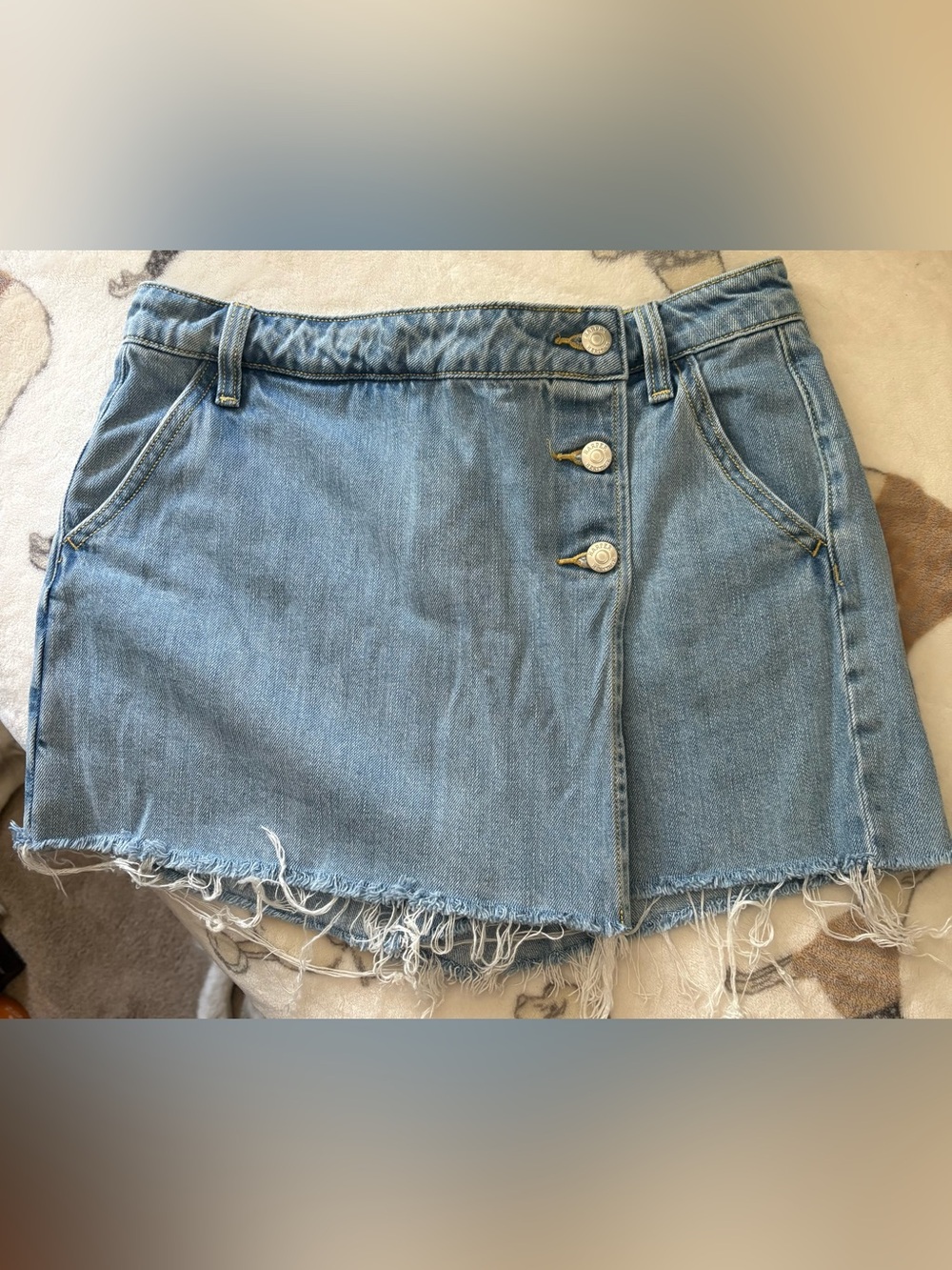 Light Wash Denim Mini Skort with Frayed Hem